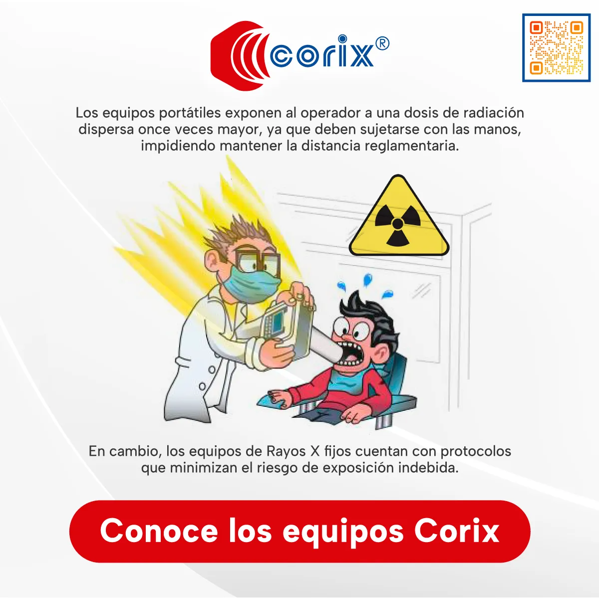 Ilustración que destaca cómo los equipos fijos Corix minimizan riesgos radiológicos cumpliendo normas de protección radiología rayos X.